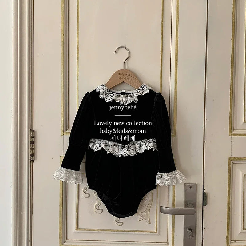 Newborn Baby Girls Lace Rompers Velvet Long Sleeve Infant One-Pieces Baby Bodysuit for Toddler Clothing Children Outfits 0-24m