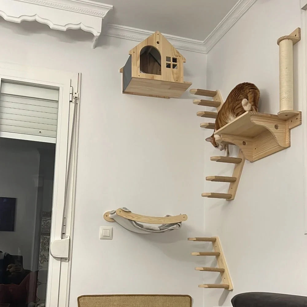 Cat Climbing Shelves Wall Mounted Cat Tree Sisal Scratching Post Cats Hammock House Jumping Platform Rope Ladder Pet Furniture
