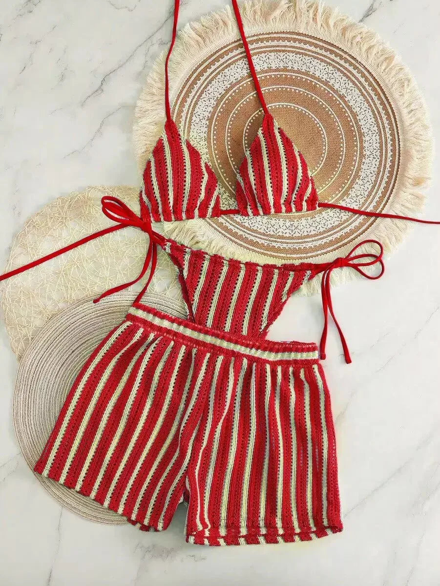 2026 New Style Boxer Shorts Mesh Three-piece Women's Swimsuit Neck Lace-up Bikini Set
