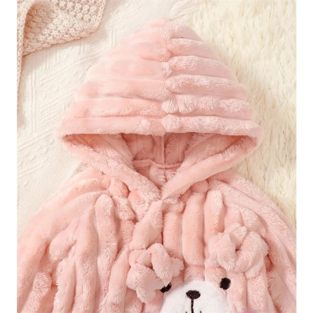 Baby girl Jumpsuit Cute Cartoon  Plush Hooded Winter keep Warm Jumpsuit+Scarf 2pcs 0-24 Months Newborn Cold Resistant Clothing