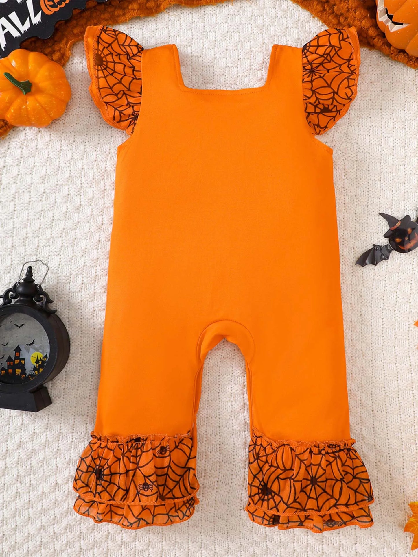 Infant Girls Halloween Theme Party Carnival Pumpkin Ghost Skeleton Cosplay Costume Skull Pumpkin Face Apparition Print Romper