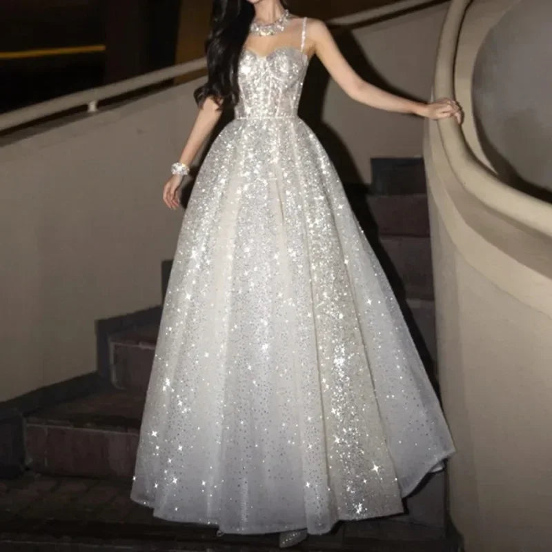Customized  Sequined Special Events A-Line Evening Dress Spaghetti Straps Sweetheart Beach Backless Bridal Dress Robes De Soirée