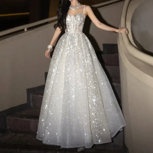 Customized  Sequined Special Events A-Line Evening Dress Spaghetti Straps Sweetheart Beach Backless Bridal Dress Robes De Soirée
