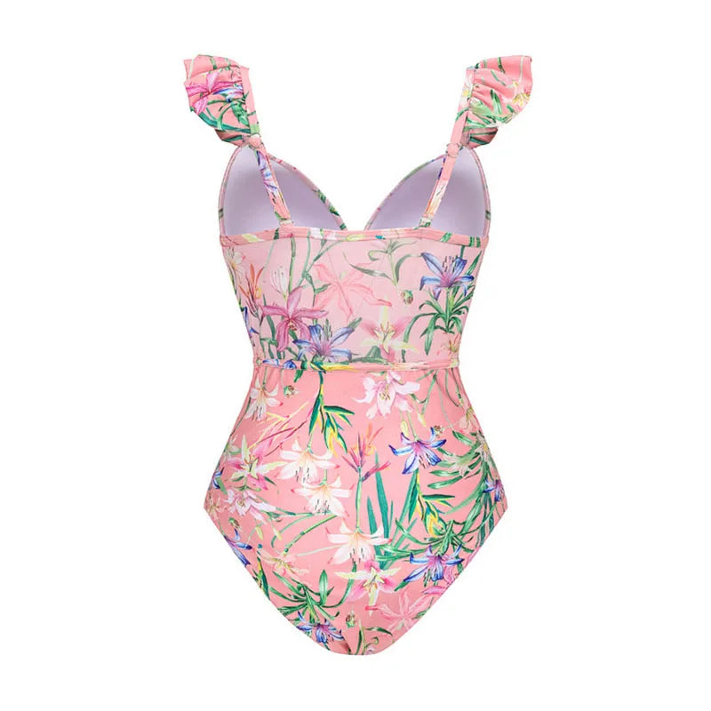 Women Swimwear Summer Floral Printed V-neck Swimsuit One-piece Bodysuit Bikini Set Beach Style Wear Maxi Dress Skirt Vacation