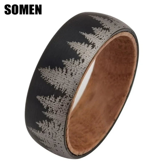 Somen 8mm Tungsten Carbide Wine Barrel Wood Ring For Men Brushed Laser Forest Pattern Engagement Wedding Bands Fashion Jewelry