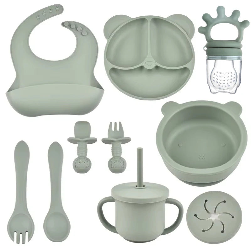 10pcs Children's Silicone Dinner Plate Set Strong Suction Anti-Fall Children's Eating Training Bowl Fork Spoon Feeding Tableware