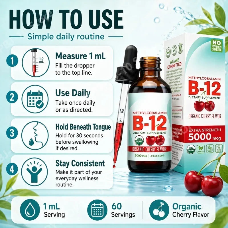 Methylcobalamin B12 5000mcg Daily Energy Vitality Support Organic Cherry Flavor Liquid Drops 60ml