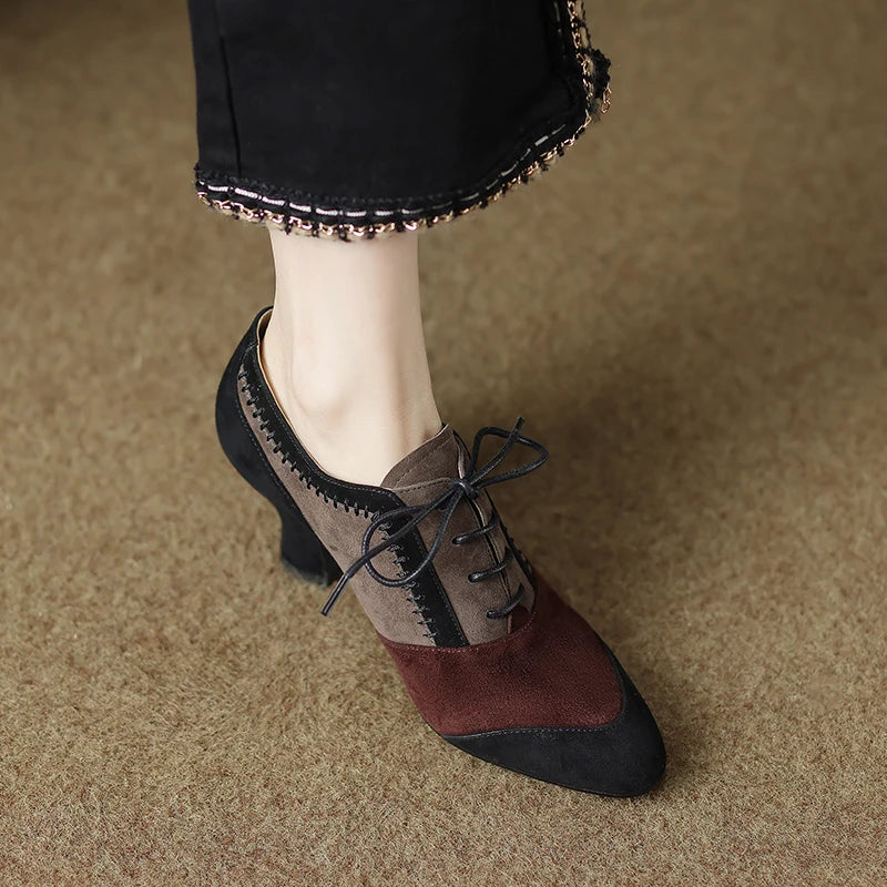 2025 New Spring Autumn Retro Mature Women Pumps Office Ladies High-heeled Lace-Up Genuine Leather Suede Shoes Woman High Quality
