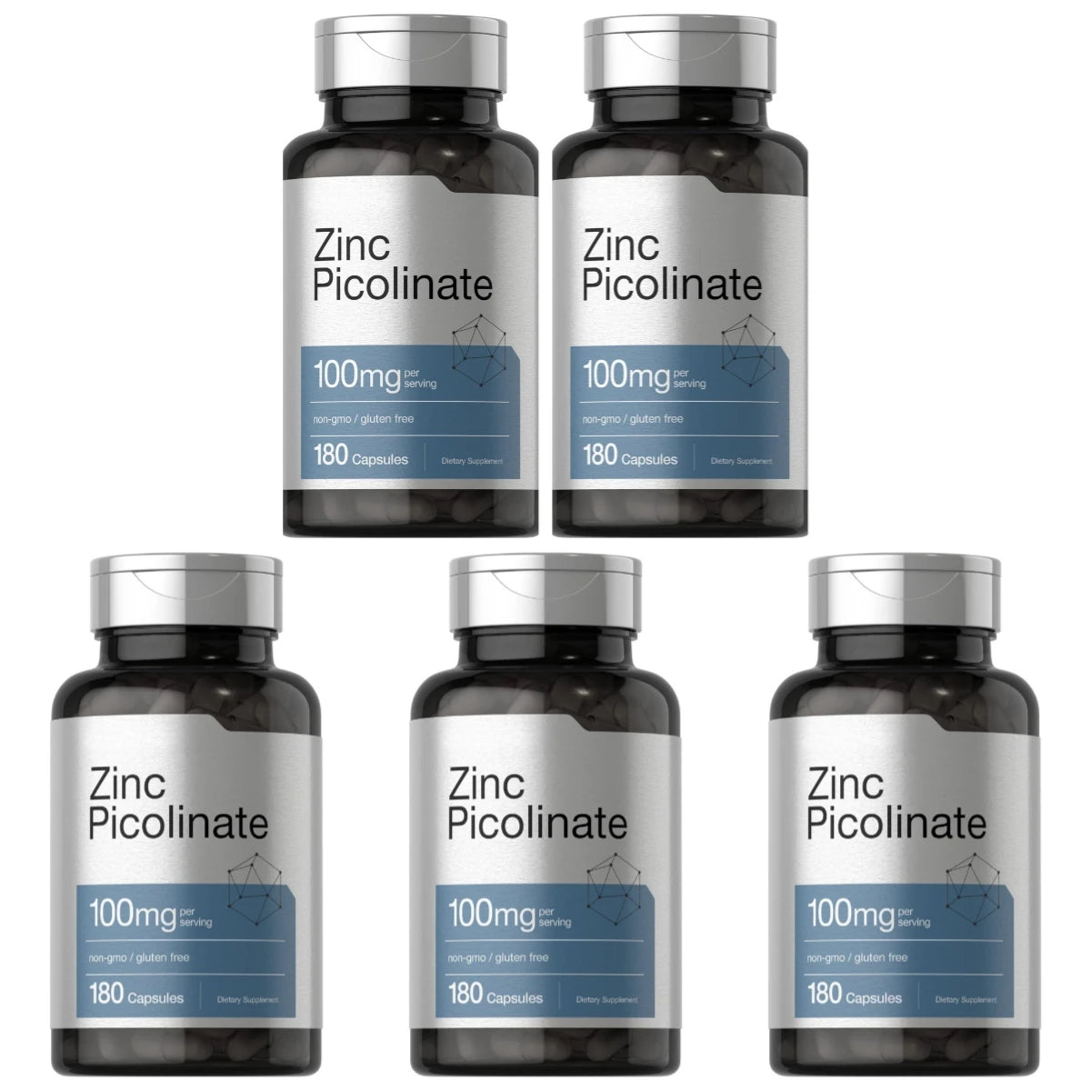 Zinc Picolinate 100mg 180 Capsules Mineral Supplement for Immune Support Skin Hair Nail Wellness Non-GMO Gluten Free for adults