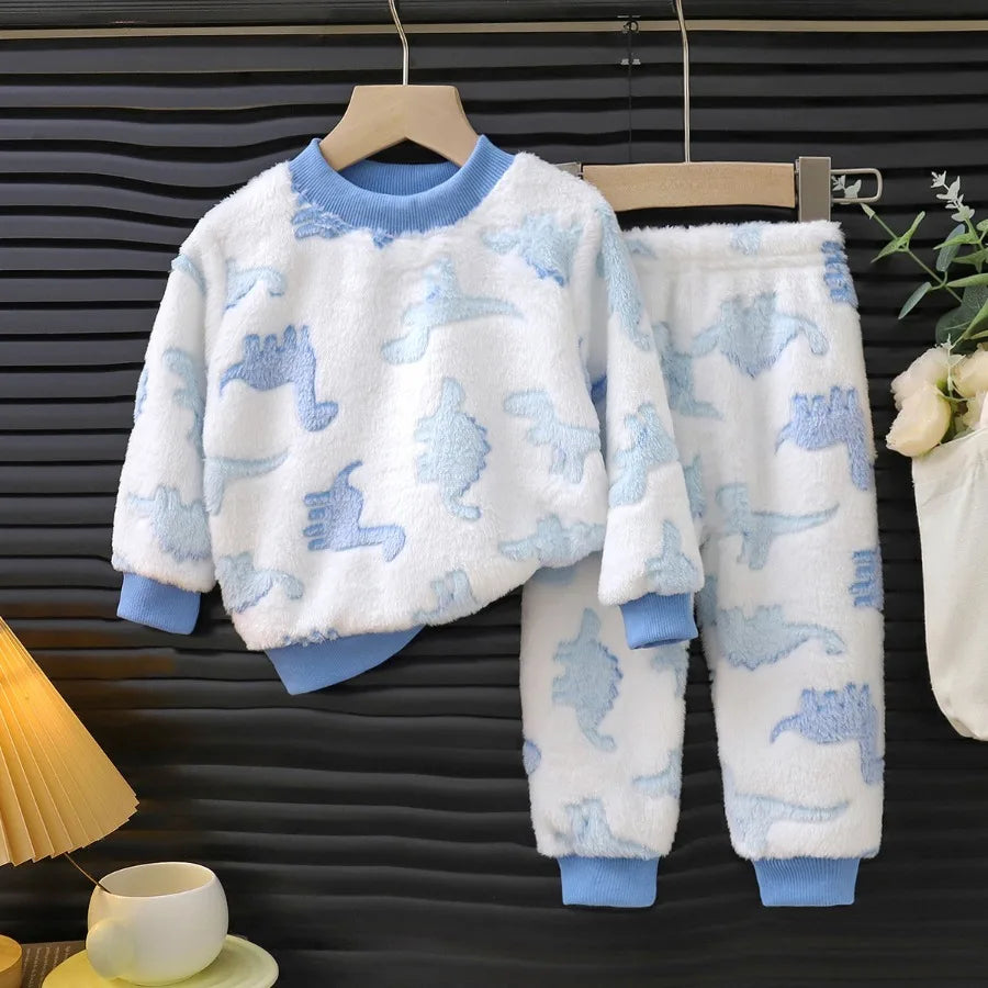 Children's Casual Soft Flannel Pajamas Sets Boys Girls Cartoon Flower Sleepwear Toddler Baby Autumn Winter Thicken Warm Pyjamas