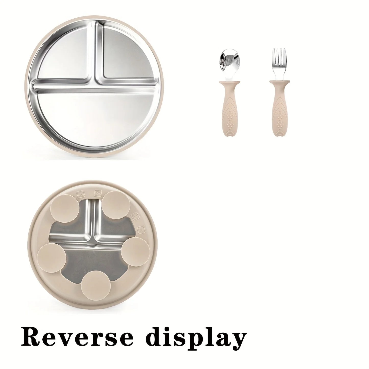 3-pack stainless steel cutlery tray, baby feeding tray, removable suction cup, BPA-free silicone baby training spoon