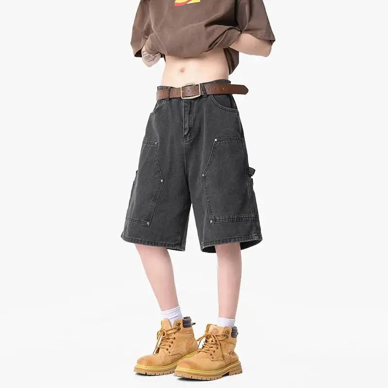 IEFB Workwear Men's Denim Shorts Multi Pocket Wide Leg Baggy Fit Casual Summer Streetwear Casual Cargo Jeans 9X2957