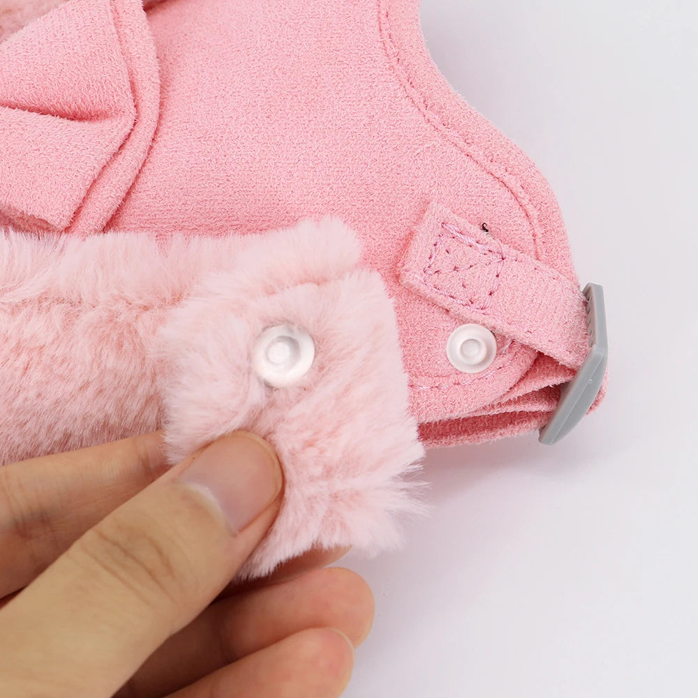 Soft Warm Dog Vest Harness and Leash Set Cute Bowknot Pet Winter Clothes Vest Warm Fur Small Dog Clothing French Bulldog Pink