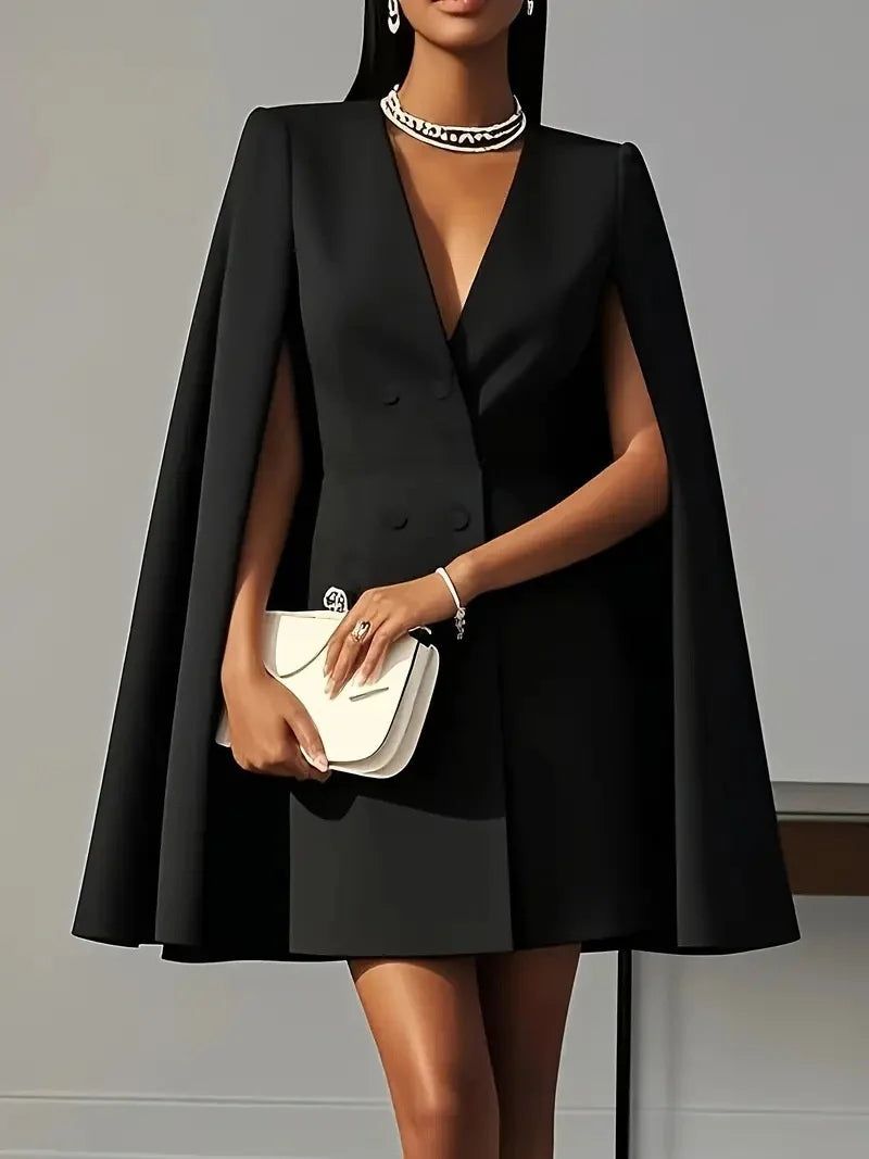 2025 Autumn Solid Color Blazer Dresses Woman Double Breasted Decoration A-Line Office Dress Lady Elegant Party Shawl Cape Dress