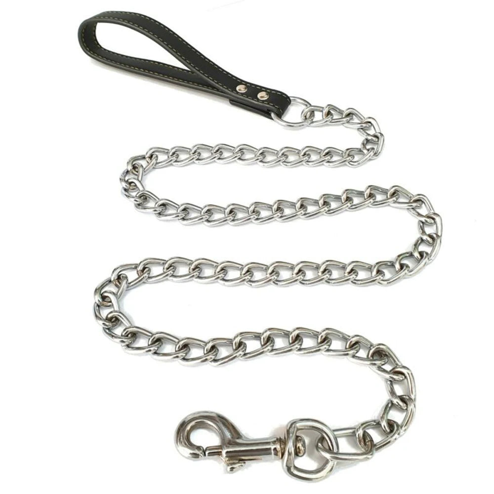 Durable Pet Dog Chain Metal Leash For Small Medium Dog PU Handle Leather Iron Chain Leash Anti-Bite Chain Dog Accessories