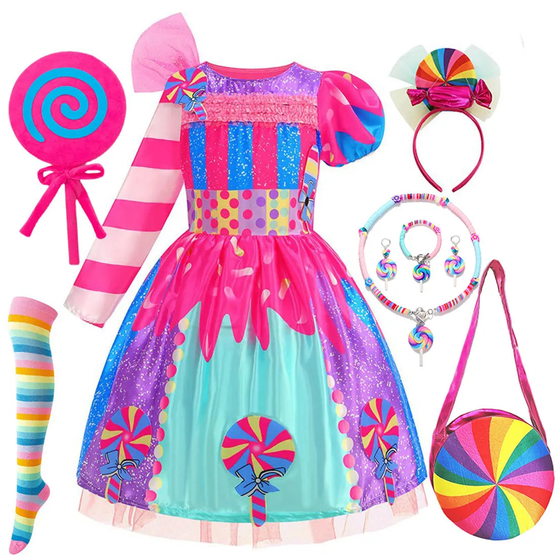 Purim Girls Rainbow Vestidos Candy Fairy Lollipop Cosplay Costume Toddler Girls Birthday Party Carnival Long Short Sleeves Dress