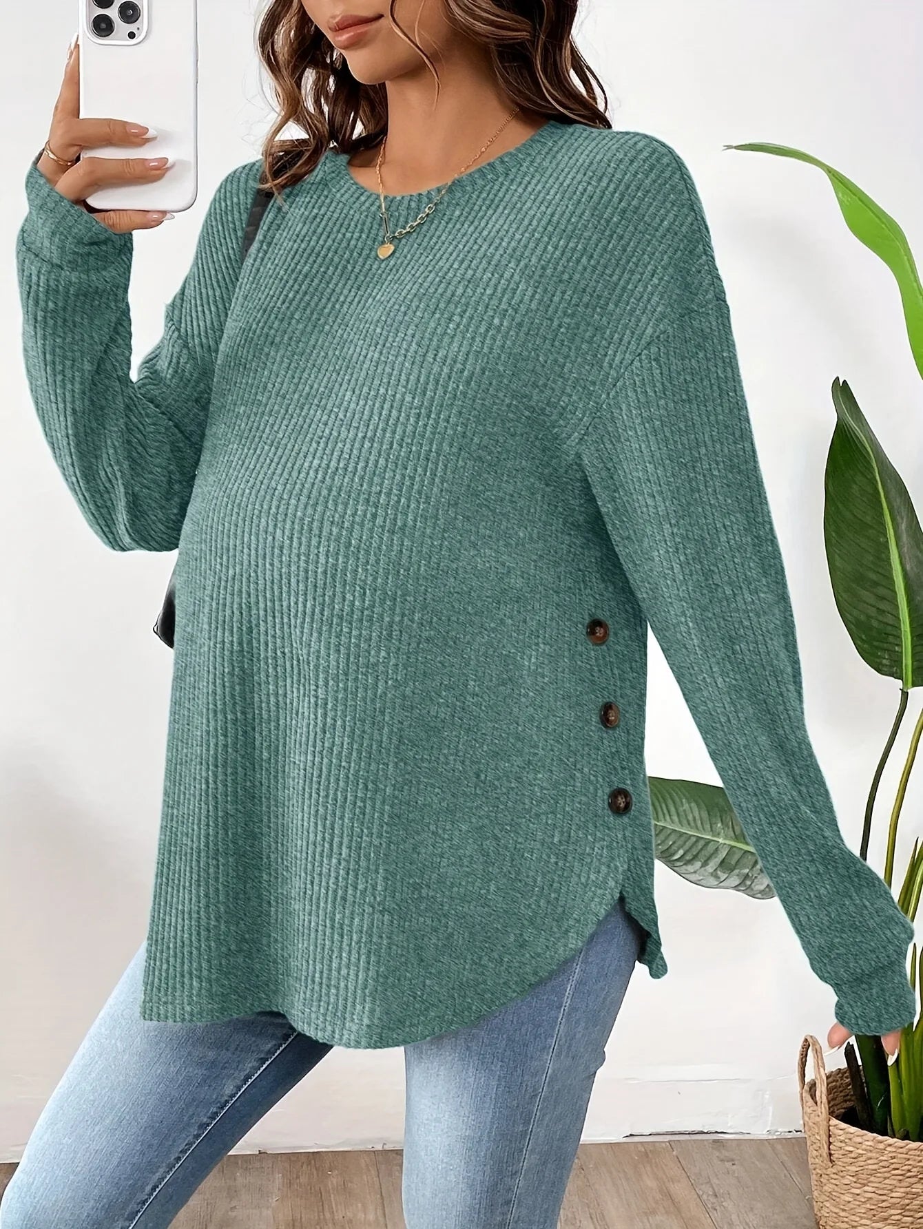 Pregnant Women's New Top For Autumn And Winter Casual Pullover Round Neck Long Sleeved Button Sweater