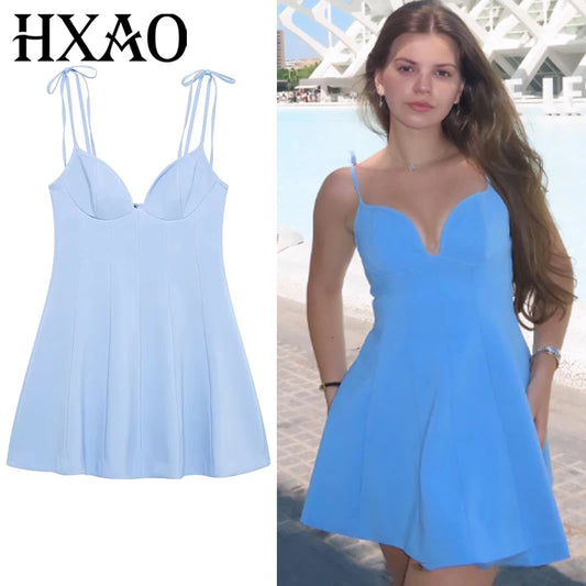HXAO Bow Short Dresses for Women Blue Thin Straps Backless Sleeveless Women's Dresses Casual Sexy Lady Dress Elegant Party Dress