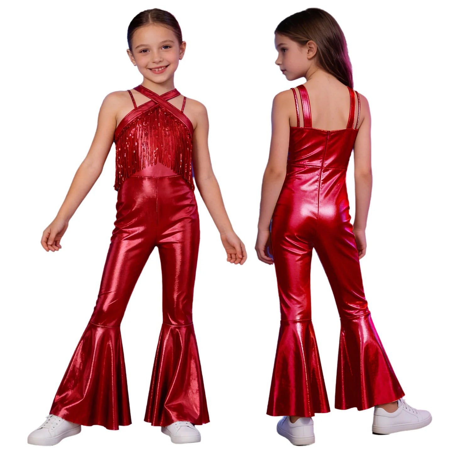 Kids Girls Hippie Halloween Costume Tassels Unitard Bell-bottom Long Pants Bodysuit Jumpsuit Disco Dance 60s 70s Rave Party Wear