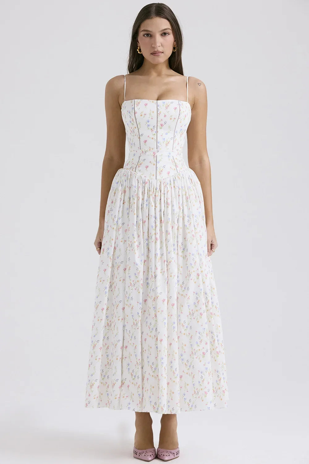 Elegant Fairylike French Style Gentle Floral Print Strapless Midi Dress Slimming Women's Fashion High End Feeling Dress