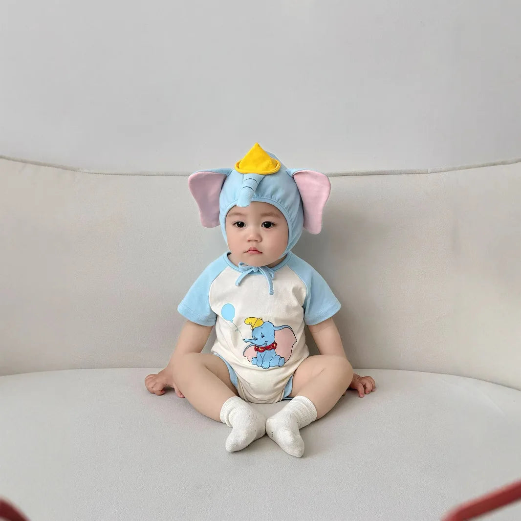 3D Elephant Print Baby Onesie with Hat Set Short Sleeve Romper Bodysuit Outfit Newborn Infant Summer Outfit Cute Animal Costume