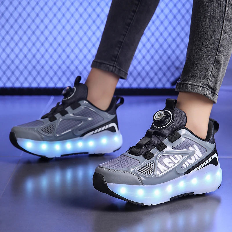 Children's Roller Skate Shoes 4-Wheels Removable Wheeled Rolling Shoes for Kids with LED Light Inline Skate Sneaker