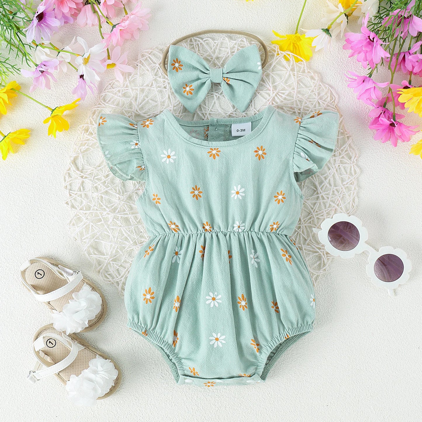 2PCS Summer 0-2 Years Old Comfortable Fashion Cute Baby Girl Multi-Color Printed Flower Jumpsuit + Bow Head Estimate