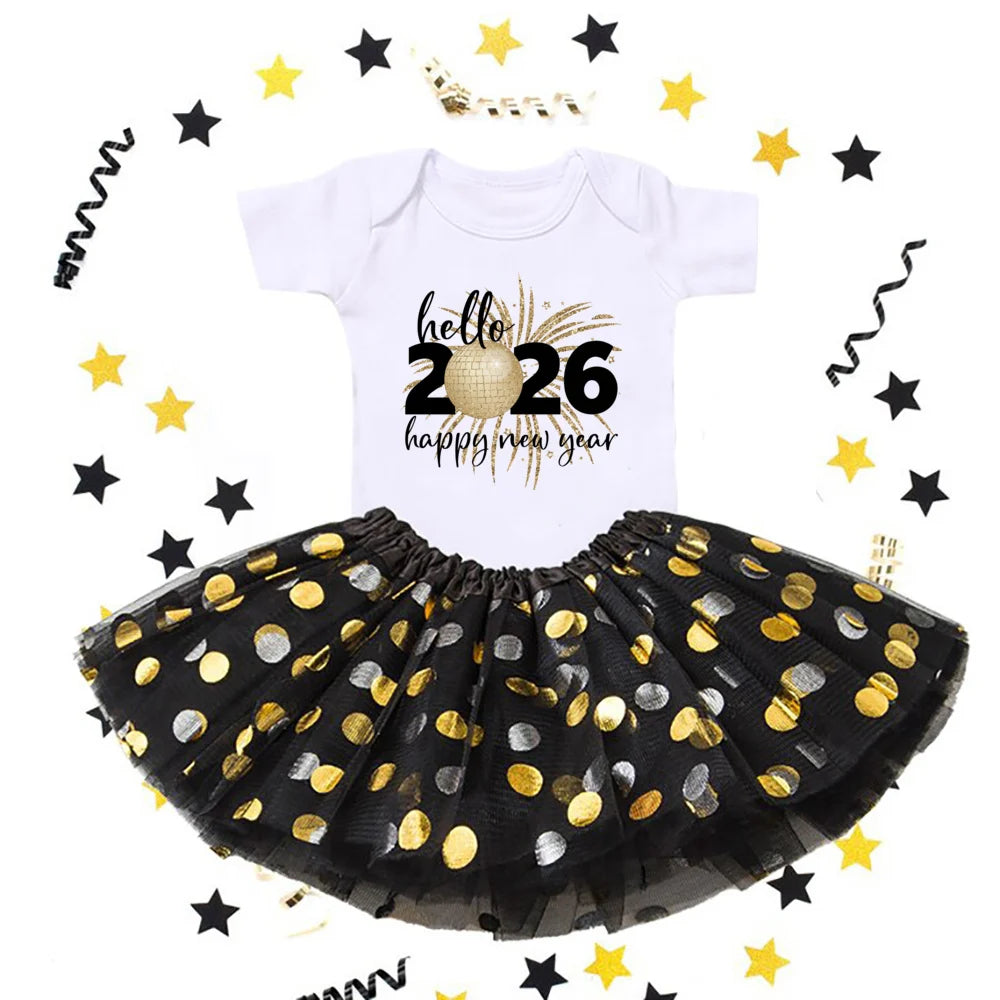 Hello 2026 Print 2 Piece Baby Girls Bodysuit Dress Set New Year Girl Short Sleeve Romper + Tutu Skirt Infant Dresses Set Outfit