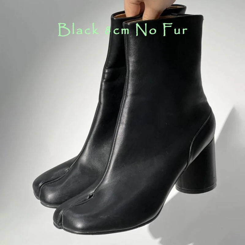 Split Toe Chunky Heels Ankle Boots Women Brand Designer Tabi Short Boots Autumn Winter INS Style Genuine Leather Female Shoes