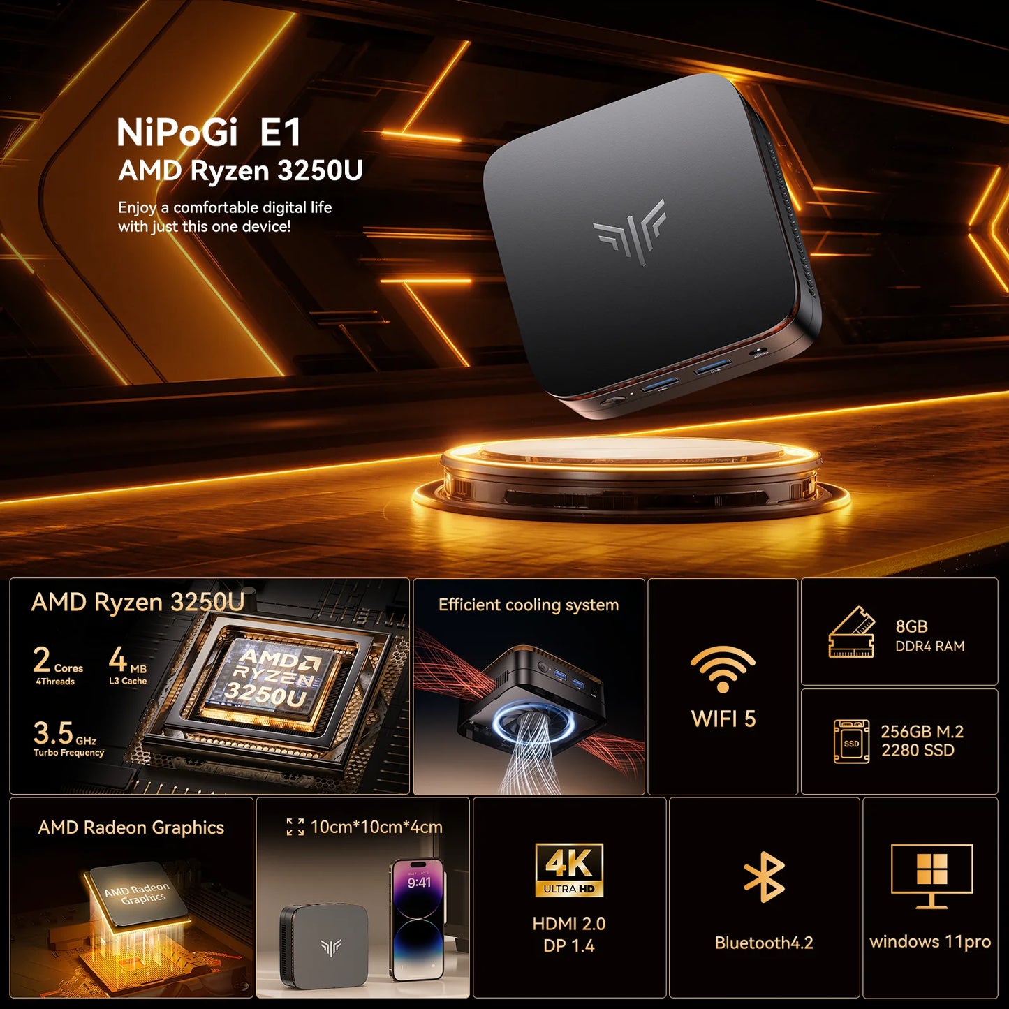 NIPOGI Mini PC AMD Ryzen 3 3250U Desktop Mini Computers 8GB RAM 256GB M.2 SSD WiFi 5, BT 4.2,DUAL 4K Display Windows 11 Pro