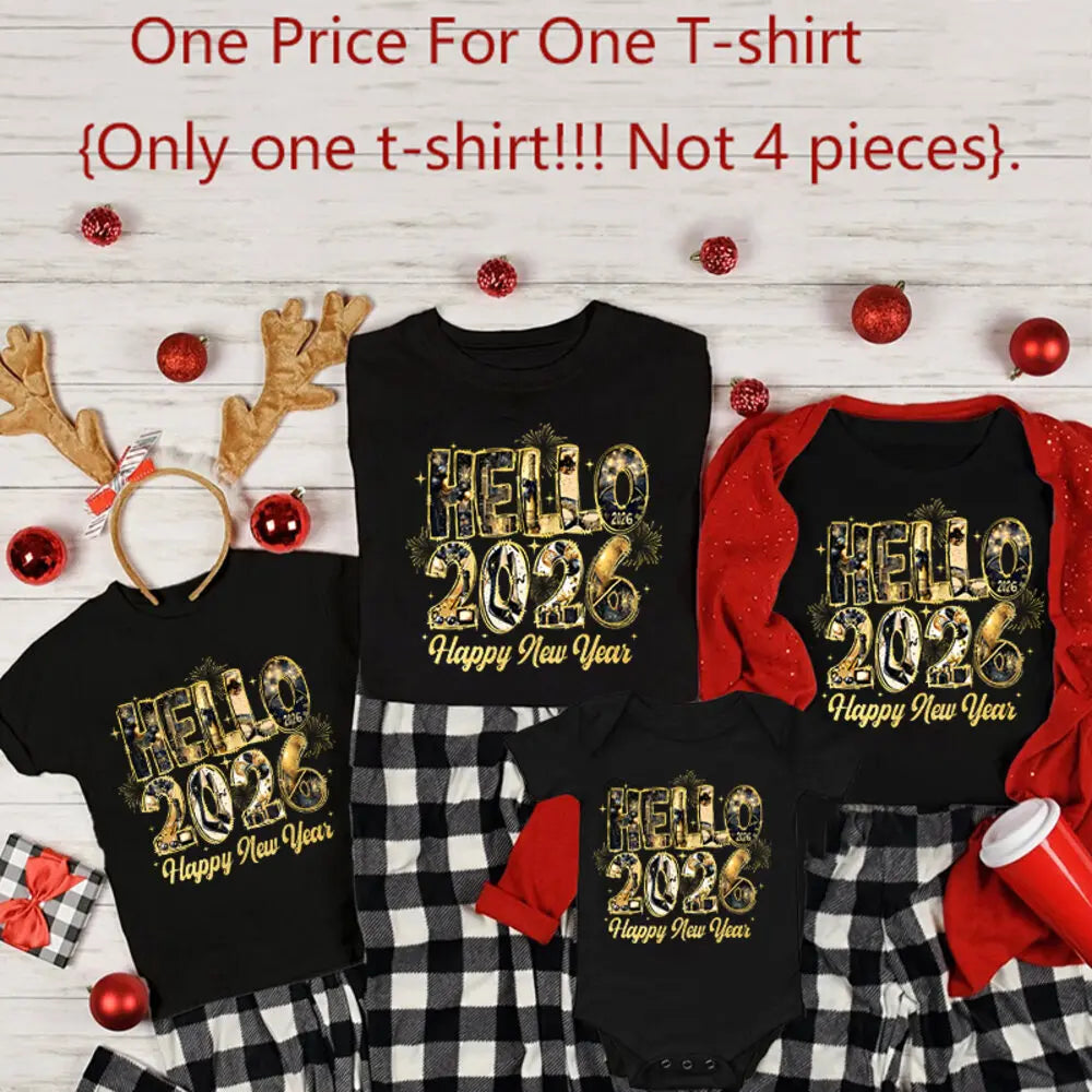 Hello 2026 Happy New Year Family Matching Outfits Dad Mom Kids Shirt Baby Bodysuit Family Clothes New Year Party