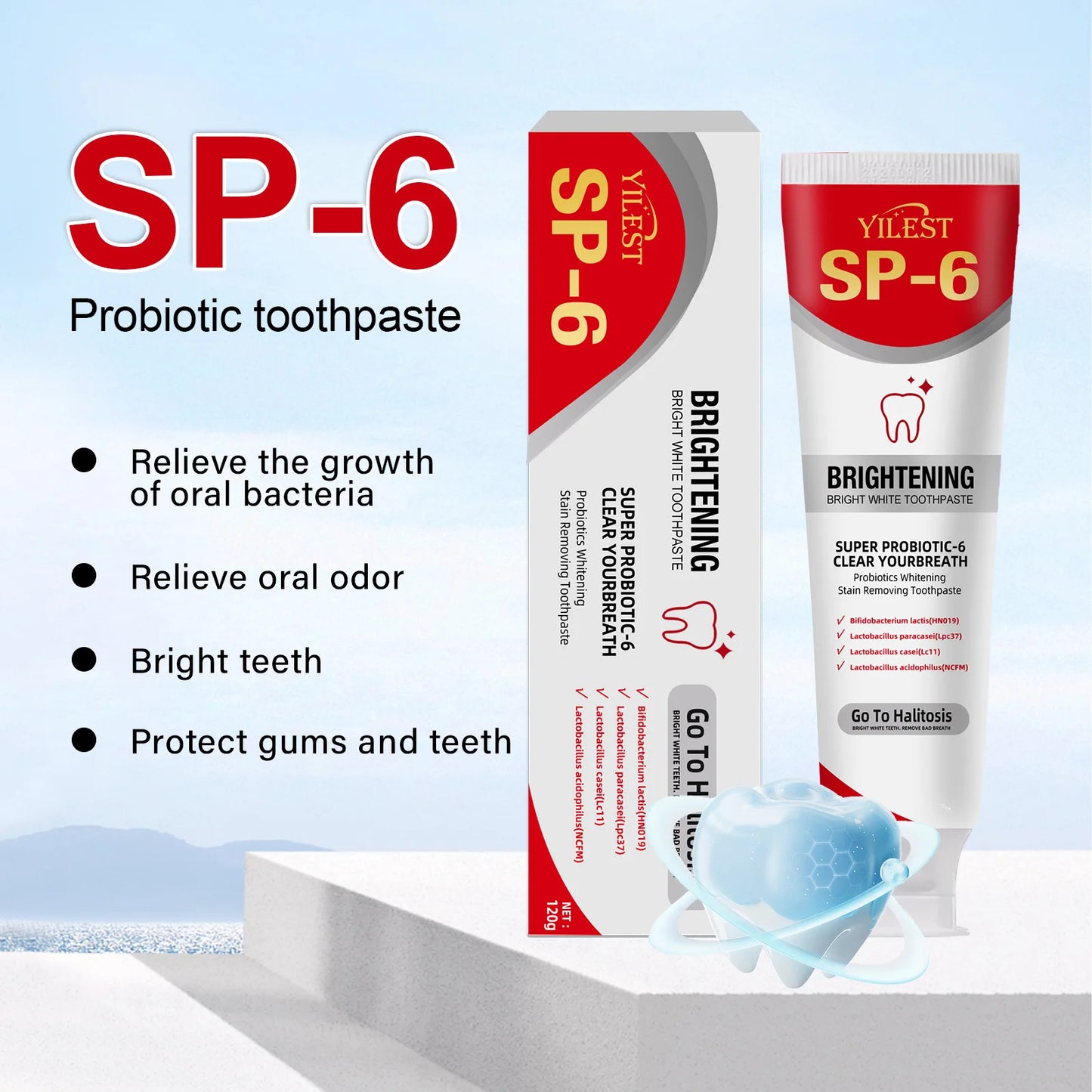 SP-6 Probiotic Toothpaste Whitening Toothpaste Remove Plaque Prevent Dental Caries Oral Hygiene Clean Fresh Breath Gum Care 120g