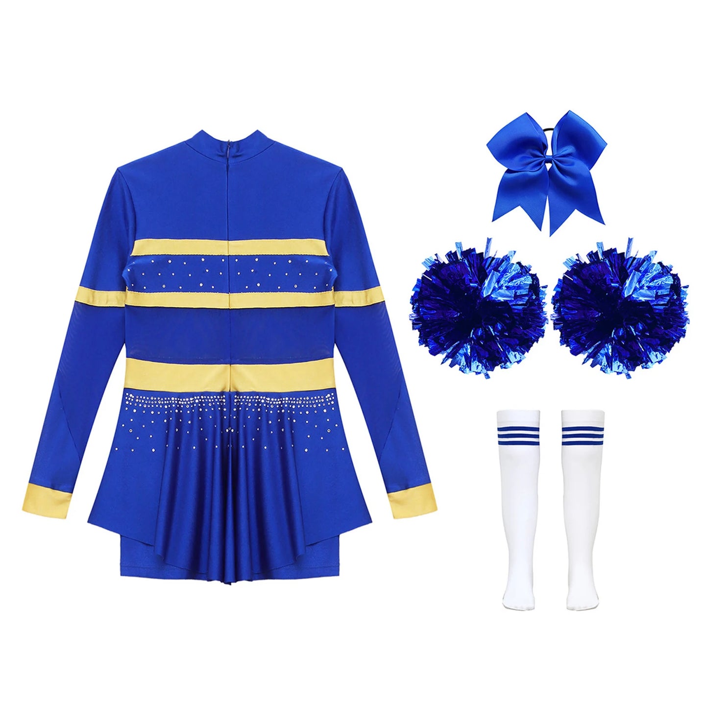 Girls Cheerleader Costume Long Sleeve Cheerleading Uniform Children Cheer Dance Dress Hand Flower Socks Stage Dancewear Sets