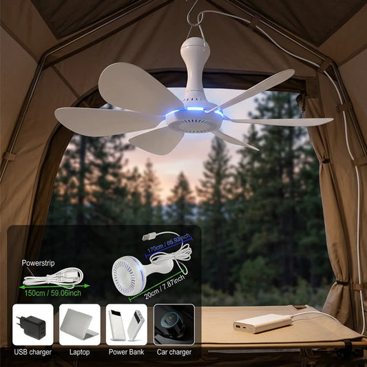 1 Set of USB Mini Quiet Ceiling Fans for Camping, Emergency Portable Outdoor Hanging Fans for Gazebos, Sheds, Dorms, Silent Fans with Extension Cord, White Fan