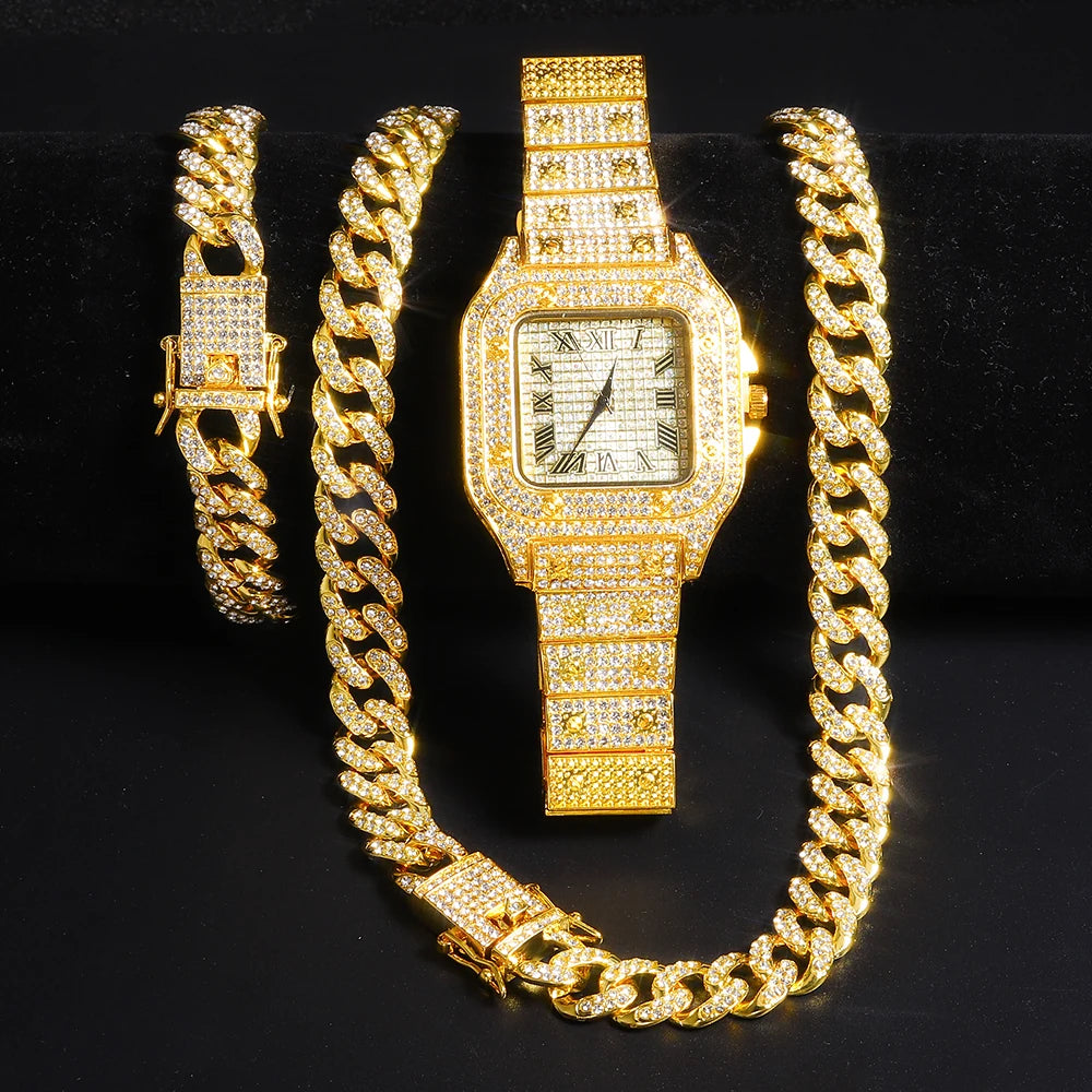 Iced Out Watch 3PCS Hip Hop Luxury Watches Jewelry Set Mens Women Watch Necklace Bracelet Bling Cuban Link Chain Choker Gift