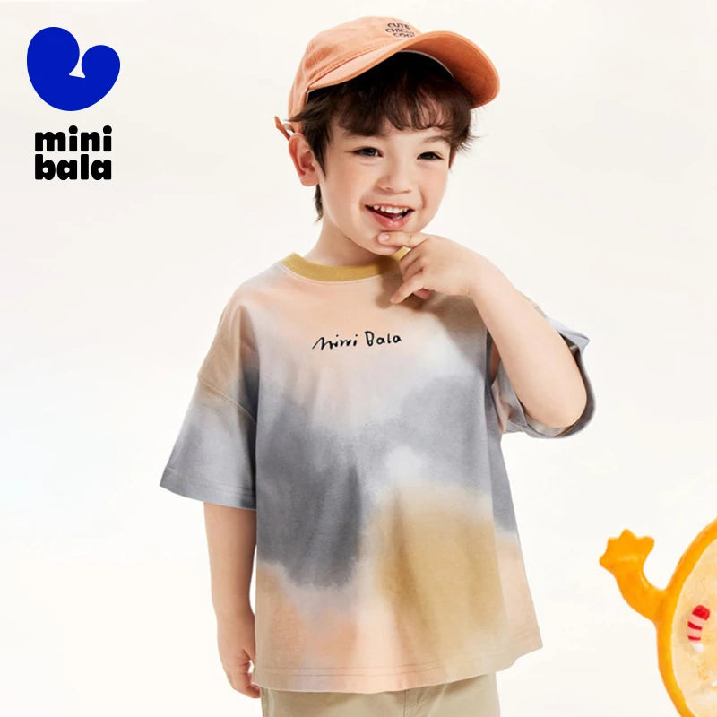 Mini Bala Short Sleeve T - Shirt Boys and Girls Baby Summer Clothes Breathable Pure Cotton Soft Cool Tie - dyed Kids Top