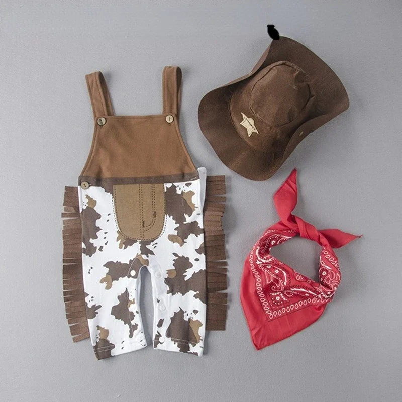 Baby Boys Western Cowboy Romper Sets with Scarf and Hat Toddler Carnival Fancy Dress Cosplay Party Costume Infant Outfitts