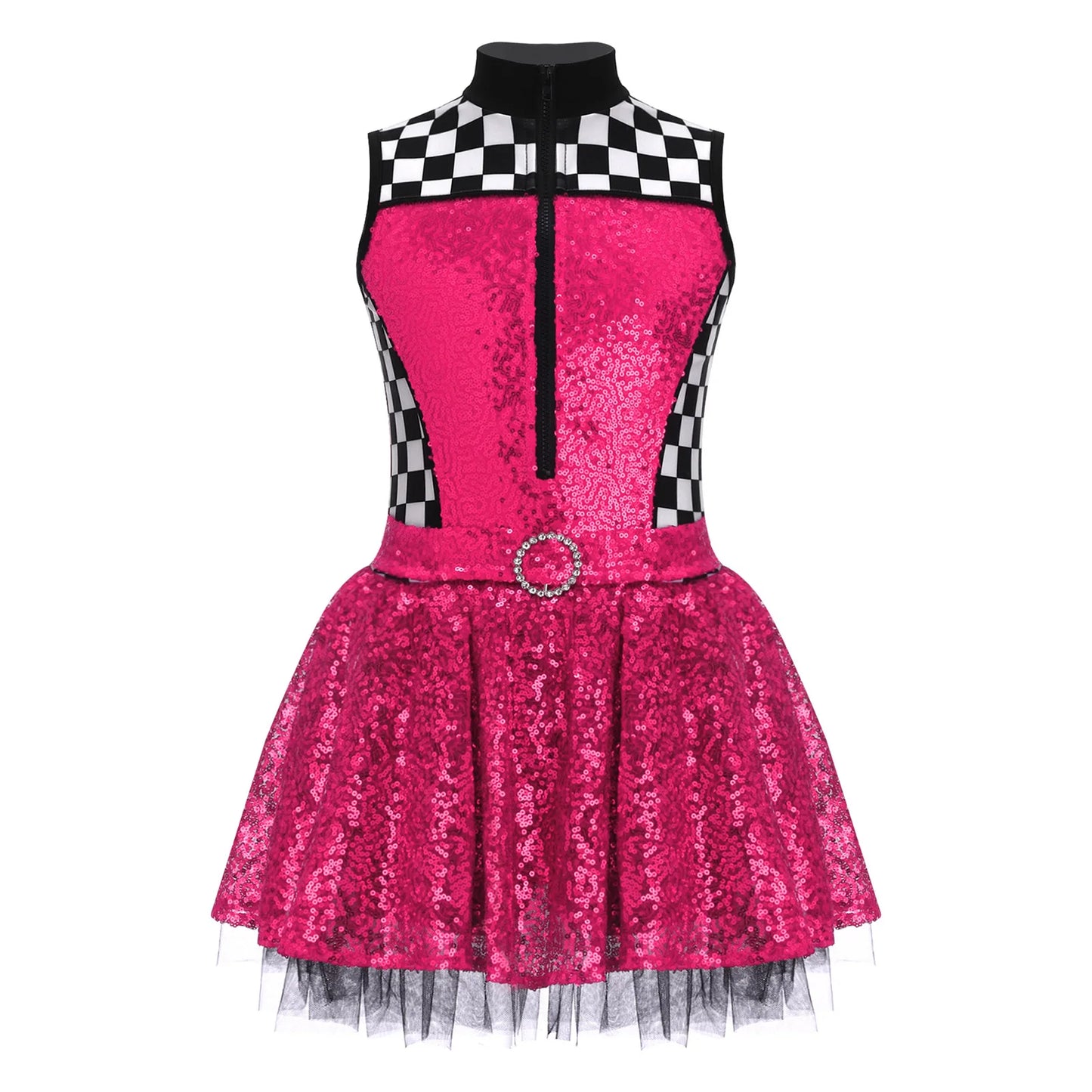 Kids Girls Checkerboard Racer Costume Halloween Car Driver Cosplay Leotard Dress with Tulle Skirt Themed Party Driving Roleplay