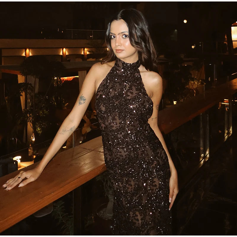 Elegant Sequin Maxi Evening Dress Halter Neck Open Back Women's Formal Party Prom Gown Sparkling Festival Female Long Dresses