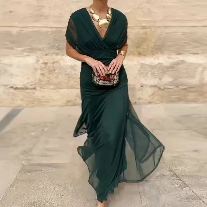 Summer Women Short Sleeve V Neck Sexy Dress, Holiday Female Elegant Fashion Party Dress, 2025 Patchwork Casual Ladies Maxi Dress