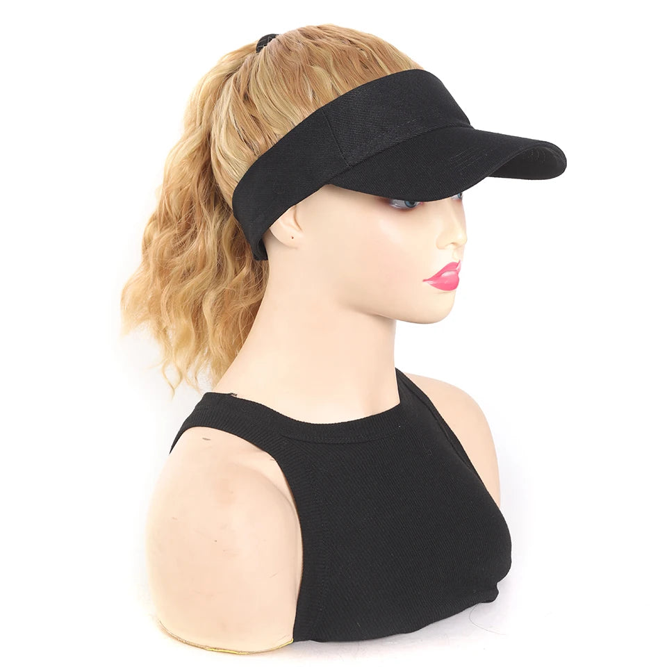LUPU Synthetic Hair Curly Wave Ponytail Black Brown Baseball Cap Wig Adjustable Sun-Protective Sporty Style for Women Girls