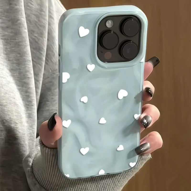 White Small Love Pattern Phone Case For iPhone 17 16 15 14 13 12 11 Pro Max 15 16 Plus Shockproof Soft Back Wave Texture Cover
