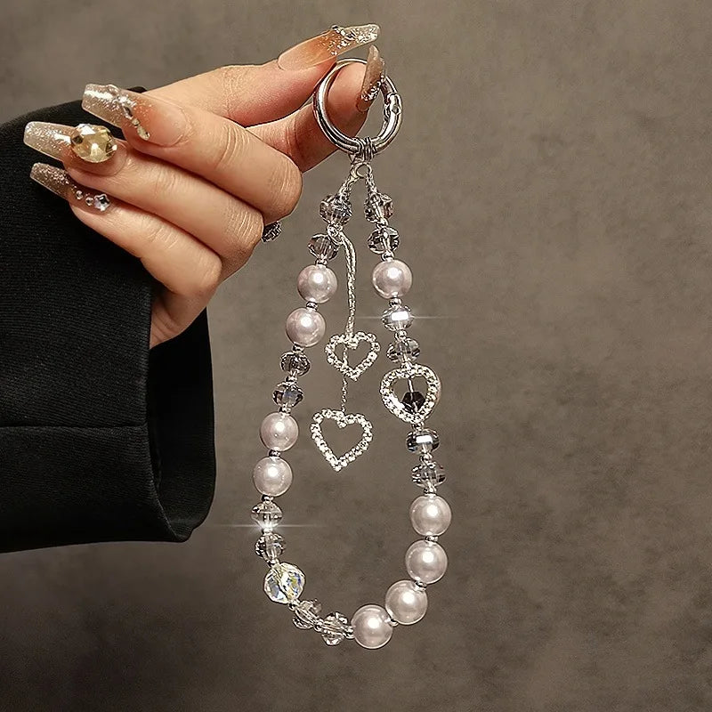 Fashionable Light Luxury Beaded Crystal Mobile Phone Chain Pendant Rhinestone Love Pendant Pearl Mobile Phone Lanyard Wrist Hand