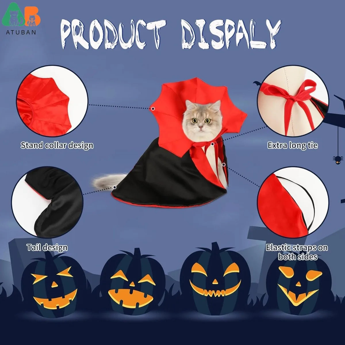 ATUBAN Cat Vampire Cloak Funny Dog Halloween Costumes Dog Mantle Apparel Pet Clothing Vampire Cape for Cat Puppy Small Dog