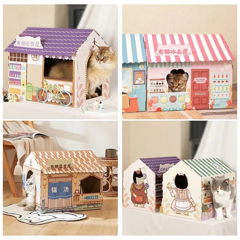 Removable Cat House Corrugated Stratching Post Toy Scratcher Cardboard Scraper for Cats Kitten Scratch Sleeping Bed