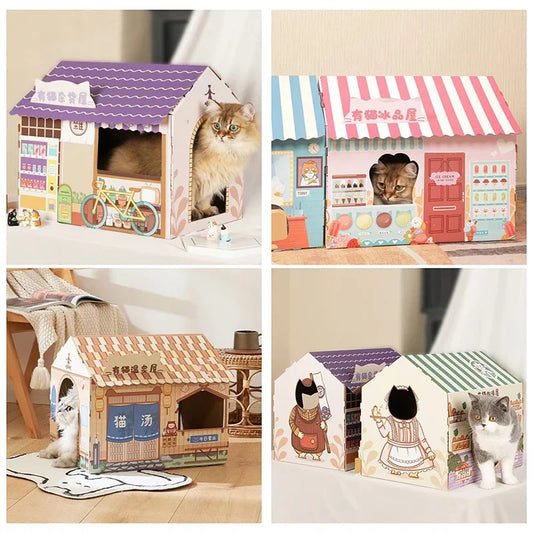 Removable Cat House Corrugated Stratching Post Toy Scratcher Cardboard Scraper for Cats Kitten Scratch Sleeping Bed