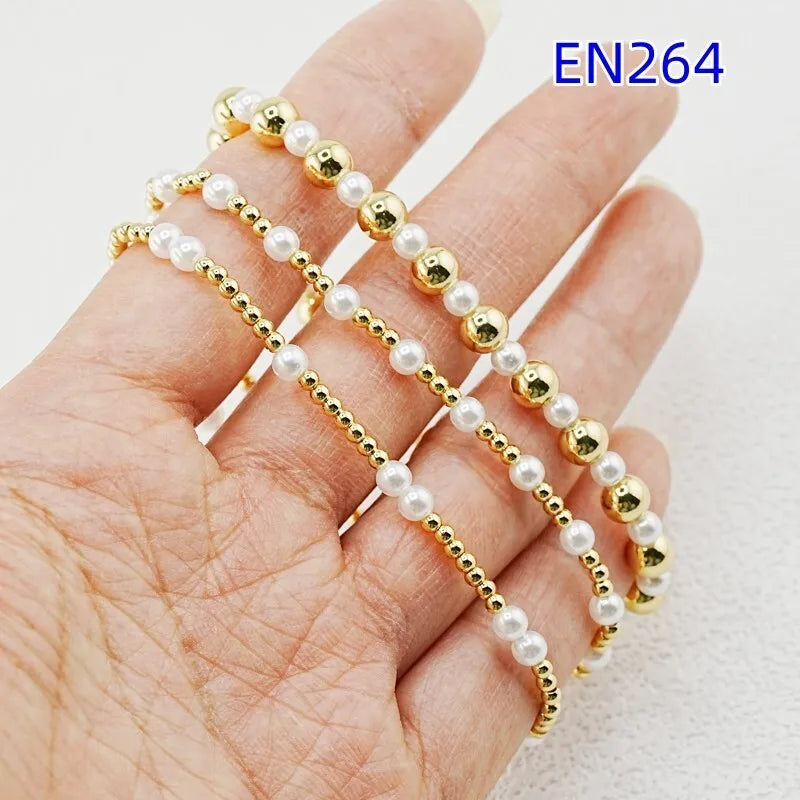 VKVVA Fashion Jewelry Gold-plated Metal Beaded Bracelet Set 3pcs for Women, Faux Pearl Layered Stackable Bracelets Unique Gift