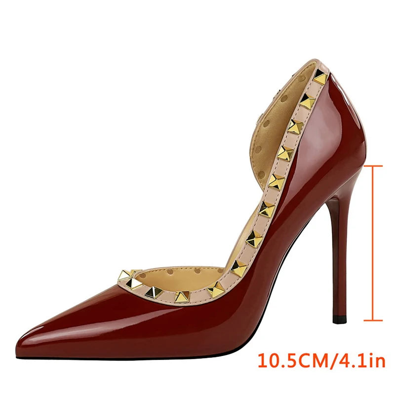 BIGTREE Shoes Rivet Design Women Pumps Patent leather High Heels 10.5 CM Stiletto Sexy party Shoes Women Heels Large size 43