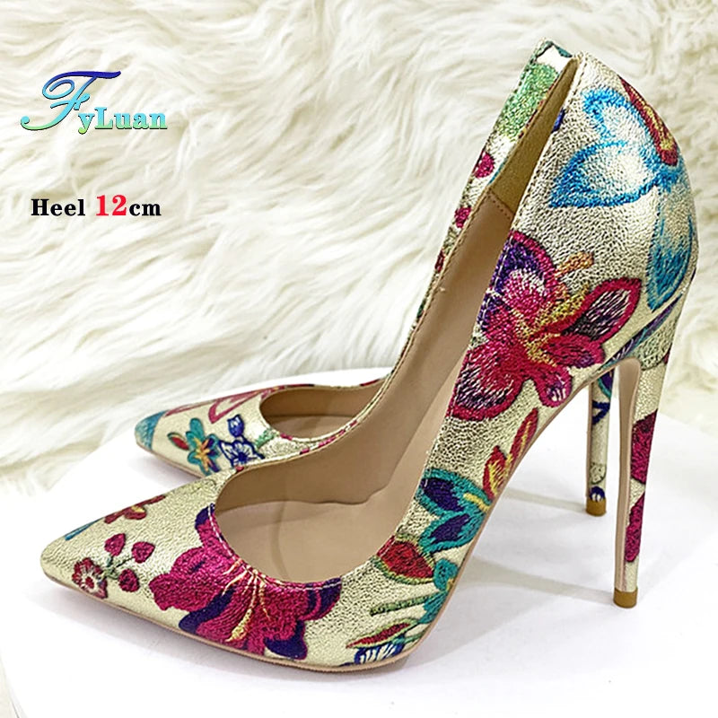Fashion Print Women's Pumps 8CM 10CM 12CM Sexy Pointy Toe Luxury Female Shoes 2025 Spring Summer All-Match Woman Gold High Heels