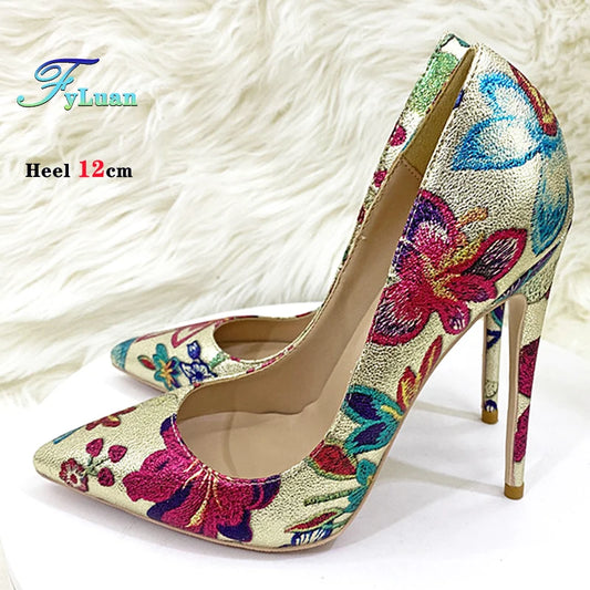 Fashion Print Women's Pumps 8CM 10CM 12CM Sexy Pointy Toe Luxury Female Shoes 2025 Spring Summer All-Match Woman Gold High Heels